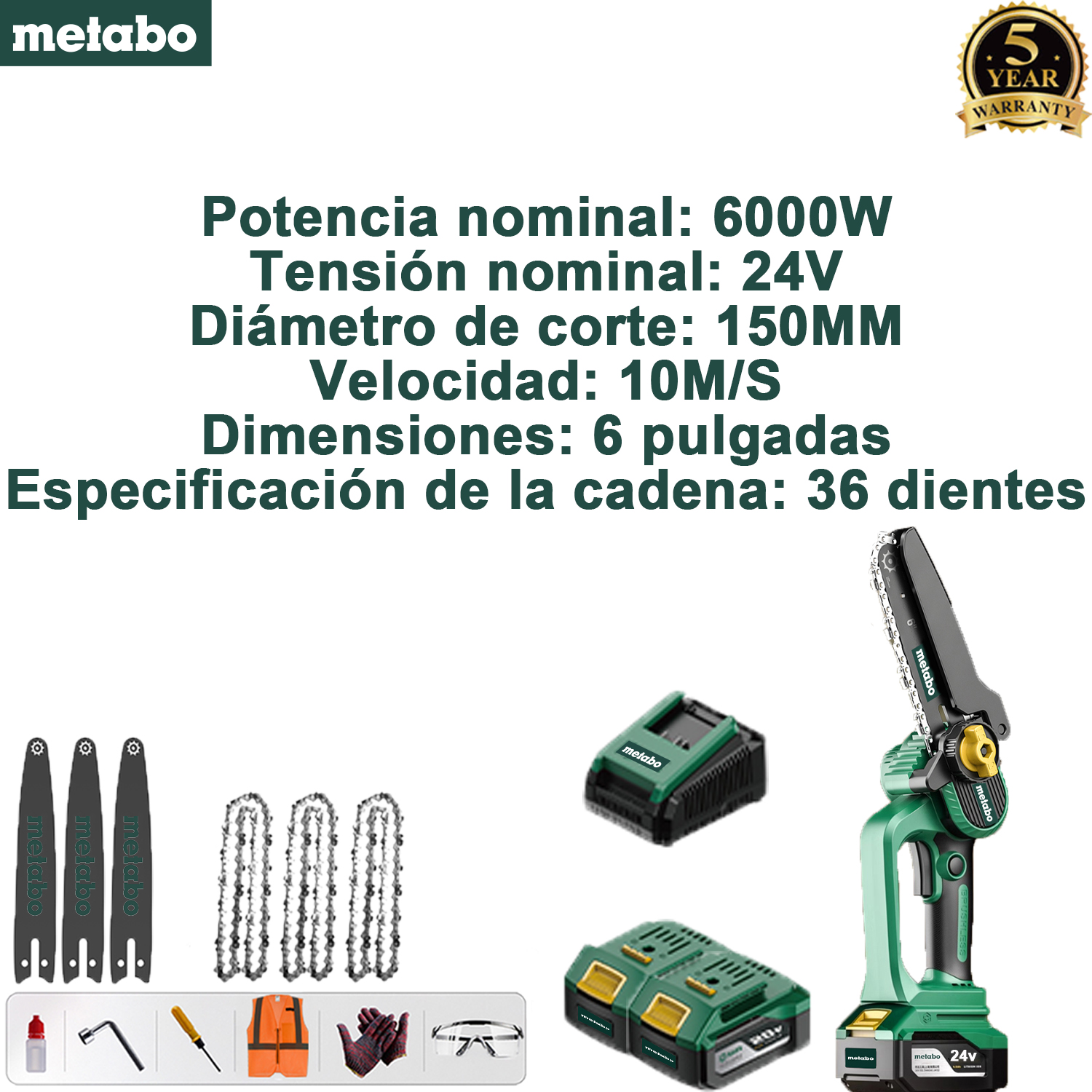 Sierra monomanual con batería de litio de quinta generación Metabo (potencia nominal: 6000 W + voltaje nominal: 24 V + diámetro de corte: 150 mm + velocidad: 10 m/s + tamaño de la placa guía: 6 pulgadas + tamaño de la cadena: 36 dientes de piñón) + batería de repuesto * 2 + 1 base de carga + Placa guía*3+cadena*3+juego de herramientas