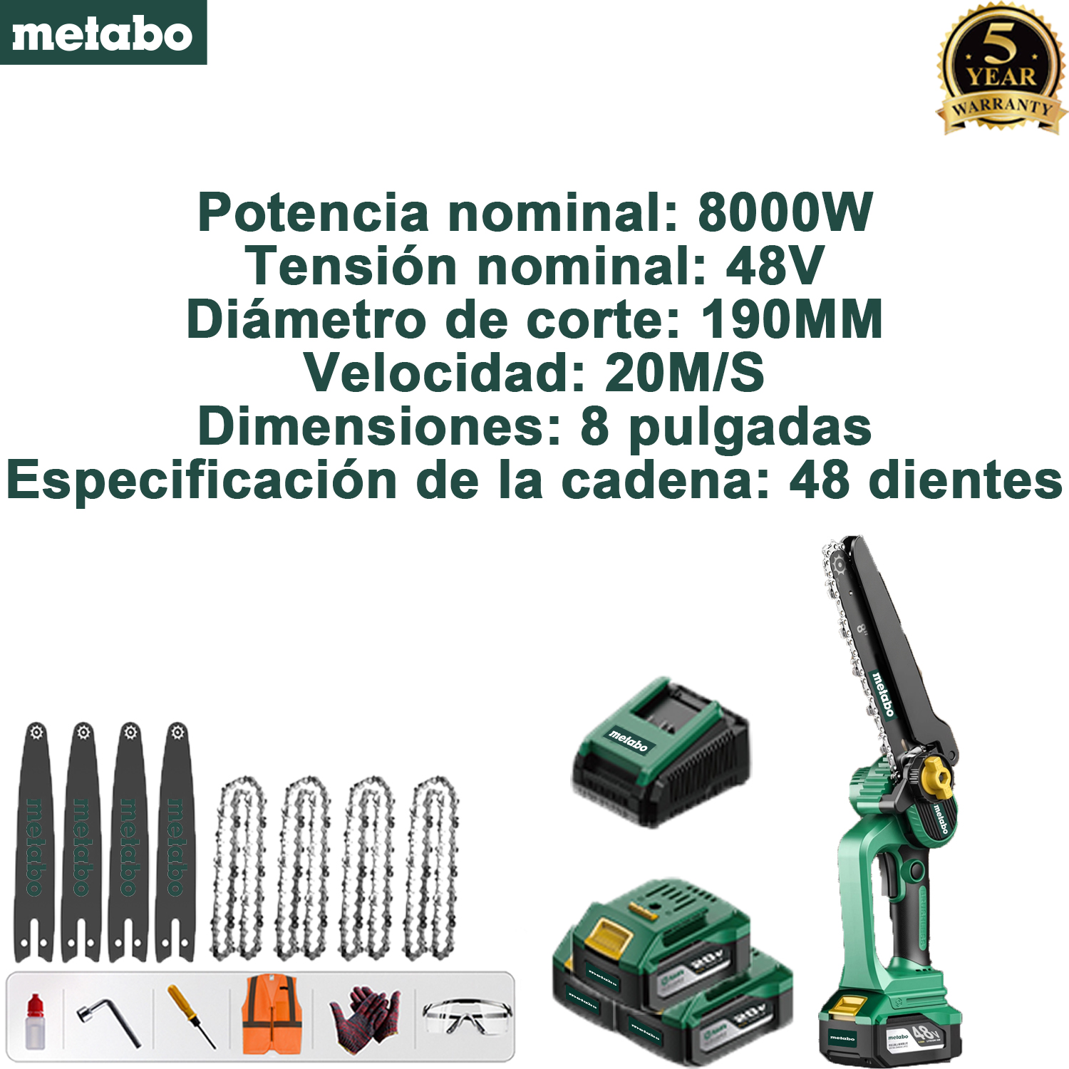 Sierra monomando con batería de litio de quinta generación Metabo (potencia nominal: 8000 W + voltaje nominal: 48 V + diámetro de corte: 190 mm + velocidad: 20 m/s + tamaño de la placa guía: 8 pulgadas + tamaño de la cadena: 48 dientes de piñón) + batería de repuesto * 3 + 1 base de carga + Placa guía*4+cadena*4+juego de herramientas