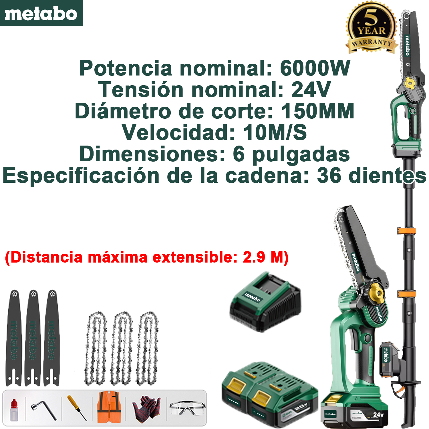 Sierra monomanual con batería de litio de quinta generación Metabo (potencia nominal: 6000 W + voltaje nominal: 24 V + diámetro de corte: 150 mm + velocidad: 10 m/s + tamaño de la placa guía: 6 pulgadas + tamaño de la cadena: 36 dientes de piñón) + batería de repuesto * 2 + 1 base de carga + Placa guía*3+cadena*3+1 juego de herramientas+varilla de extensión (distancia máxima: 2.9 M)