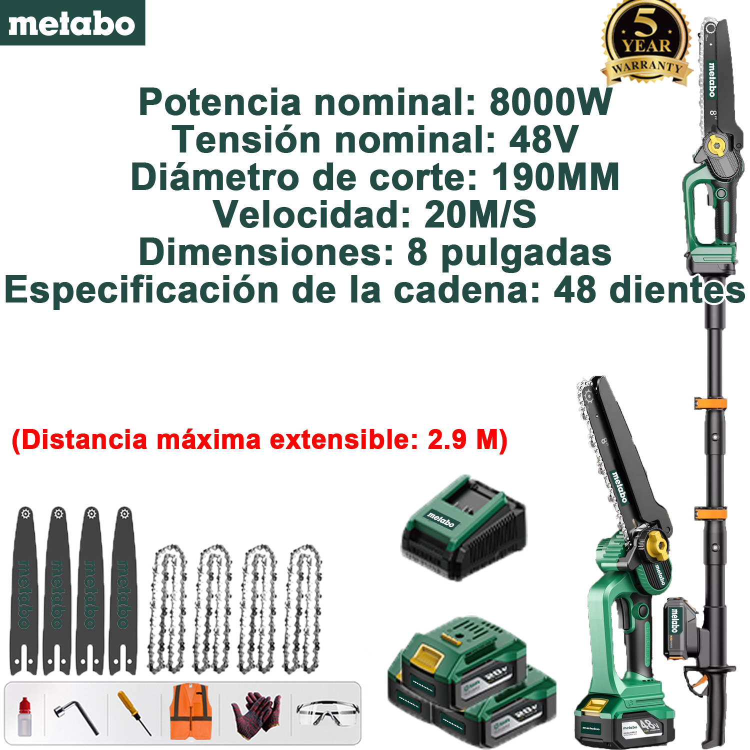 Sierra monomando con batería de litio de quinta generación Metabo  (potencia nominal: 8000 W + voltaje nominal: 48 V + diámetro de corte: 190 mm + velocidad: 20 m/s + tamaño de la placa guía: 8 pulgadas + tamaño de la cadena: 48 dientes de piñón) + batería de repuesto * 3 + 1 base de carga + placa guía *4+cadena*4+1 juego de herramientas+varilla de extensión (distancia máxima: 2.9 M)